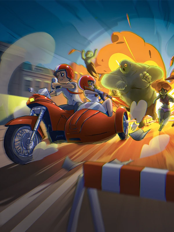Dead Ahead — a survivor speeds away on a motorbike with sidecar as zombies give chase down a burning city street