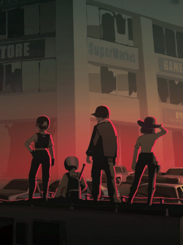 Dead Ahead: Enforcers — a team of survivors on a rooftop overlooking a ruined, red-lit city street