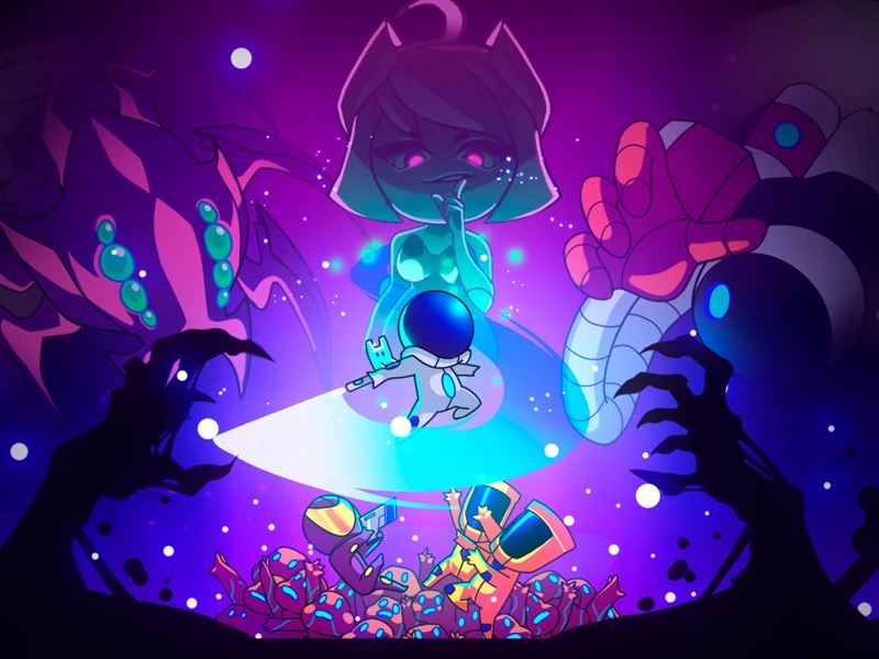 Genopanic — an astronaut adrift in a vivid purple alien cosmos as a glowing creature looms overhead