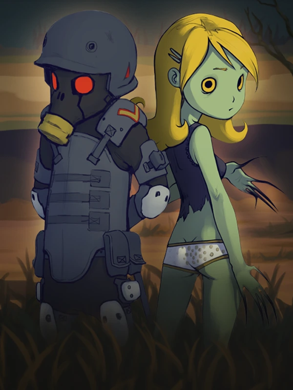 Dead Ahead: Zombie Warfare — an Internal Forces soldier and the blonde zombie-girl mascot standing back to back at dusk